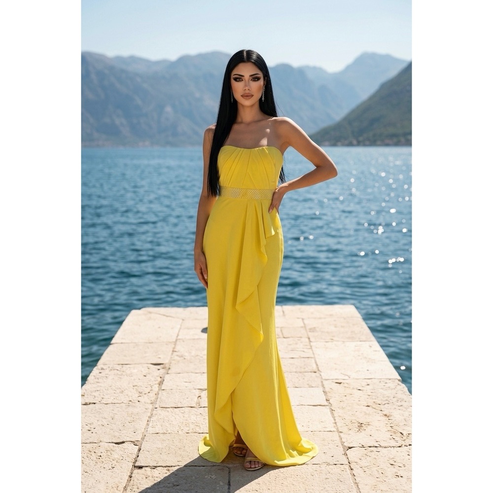 Nicole‎ Miller Yellow Strapless Embellished Waist Ruffle Evening Gown Maxi Dress